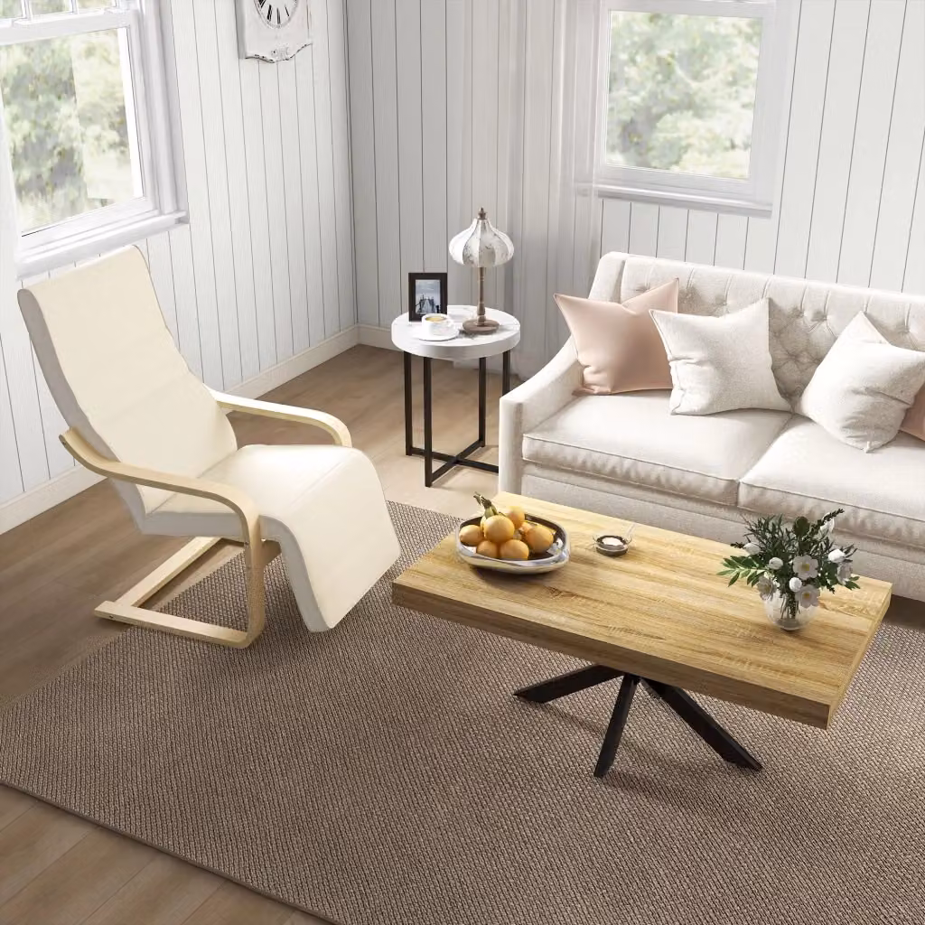 Poltrona relax con poggiapiedi regolabile Chicfurn in legno di betulla e tessuto beige – 2