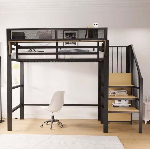 Letto a soppalco 90x200 cm in metallo con scaletta di sicurezza e ripiano flessibile; nero