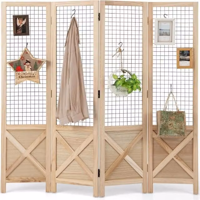 Paravento a griglia con 4 pannelli in legno e metallo, divisore decorativo pieghevole per casa e giardino, colore beige/marrone, H: 151 cm, L: 144 cm, P: 7,5 cm