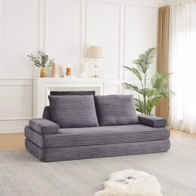 Divano Modulare REDOM Grigio in Velluto a Costine e Schiuma, Convertibile in Letto, Larghezza: 211 cm