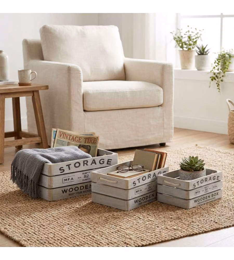 Cosma Set 3 Cassette Legno Paulownia Grigio 35x25x15 cm Decorate