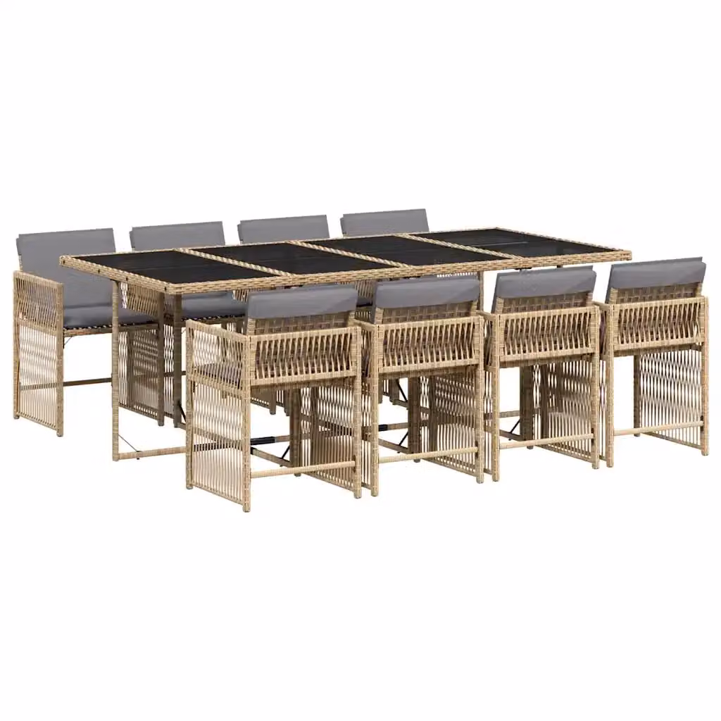 vidaXL Set Pranzo da Giardino 9 pz in Polyrattan con Piano in Vetro e Cuscini Beige e Grigio – 2