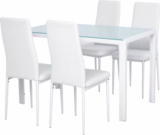 Set da Pranzo 5 Pezzi con 1 Tavolo e 4 Sedie per Cucina e Sala da Pranzo in Metallo e Vetro Temperato, Sedute in Finta Pelle, Bianco, Design Moderno