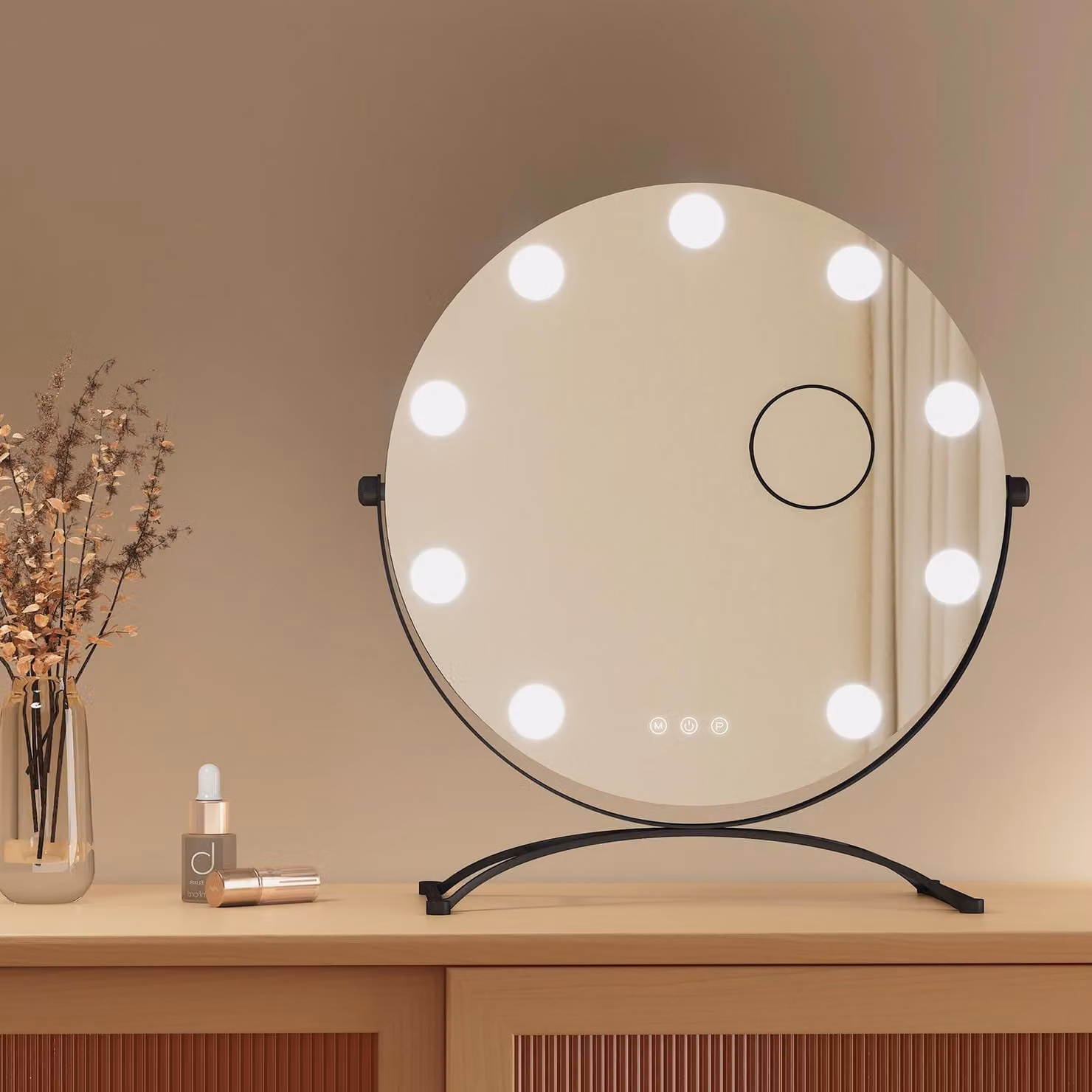 Specchio cosmetico EMKE Hollywood 47X40cm Specchio da trucco rotondo con illuminazione a LED e ingrandimento 7x, 3 colori di luce dimmerabili, nero