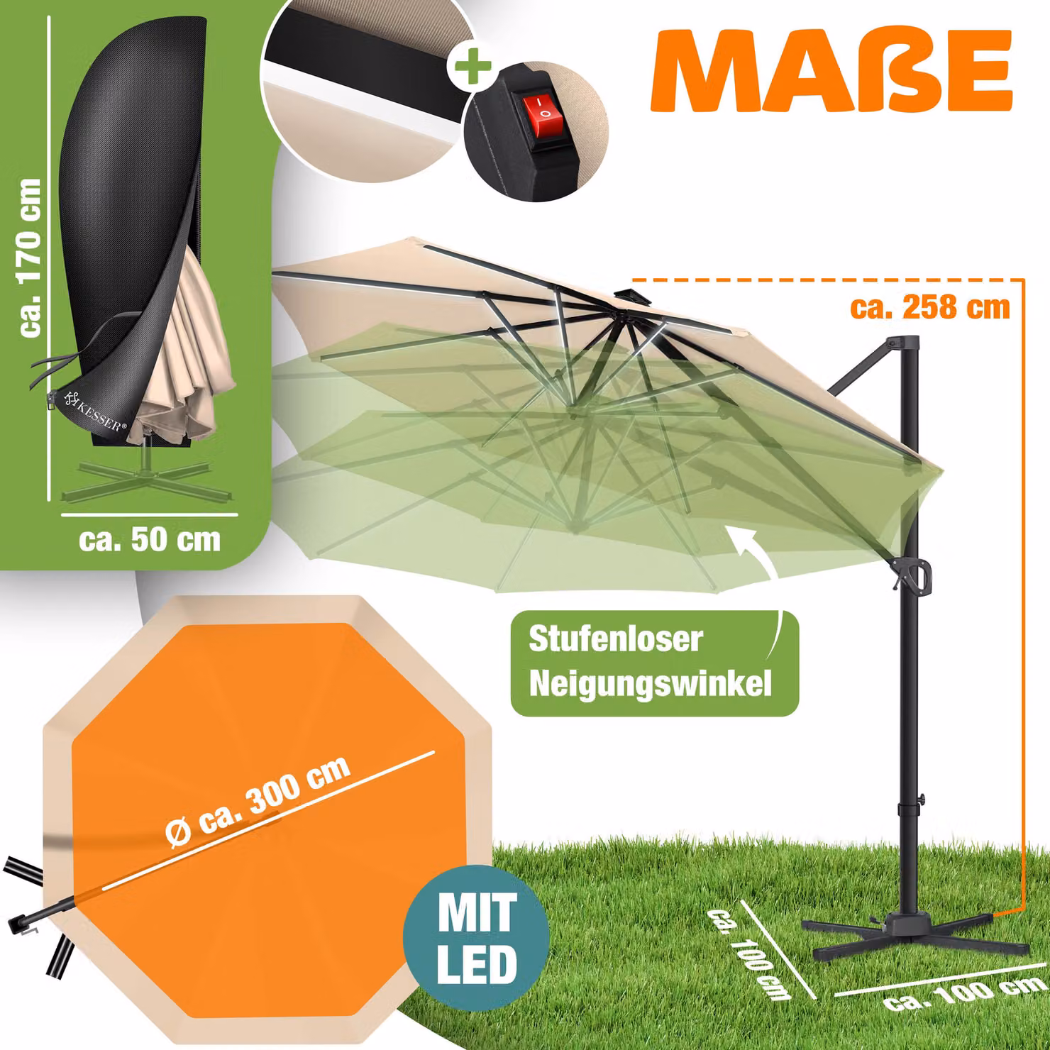 KESSER® Parasole per pergolati, modello SUN, diametro 330 cm, regolabile in 7 posizioni, rotazione a 360°, include copertura