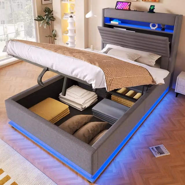 Letto imbottito idraulico con USB e LED 90x200 cm colore grigio lino