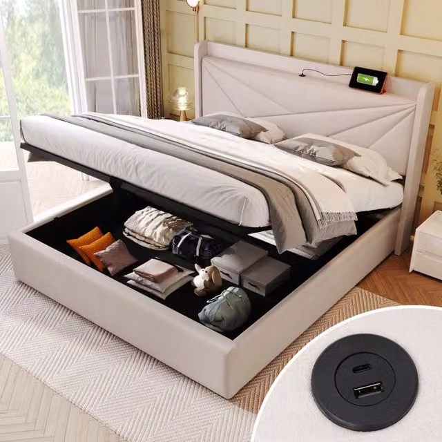 Letto contenitore 140×200 cm 2 posti con testiera imbottita, USB e Type-C, senza materasso, in tessuto beige