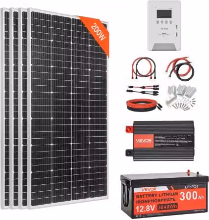 VEVOR Kit Solare Off-Grid 800W 12V con 4 Pannelli Monocristallini da 200W Neri, Batteria LiFePO4 12,8V 300Ah, Regolatore MPPT 60A e Inverter 2000W per Casa e Baita