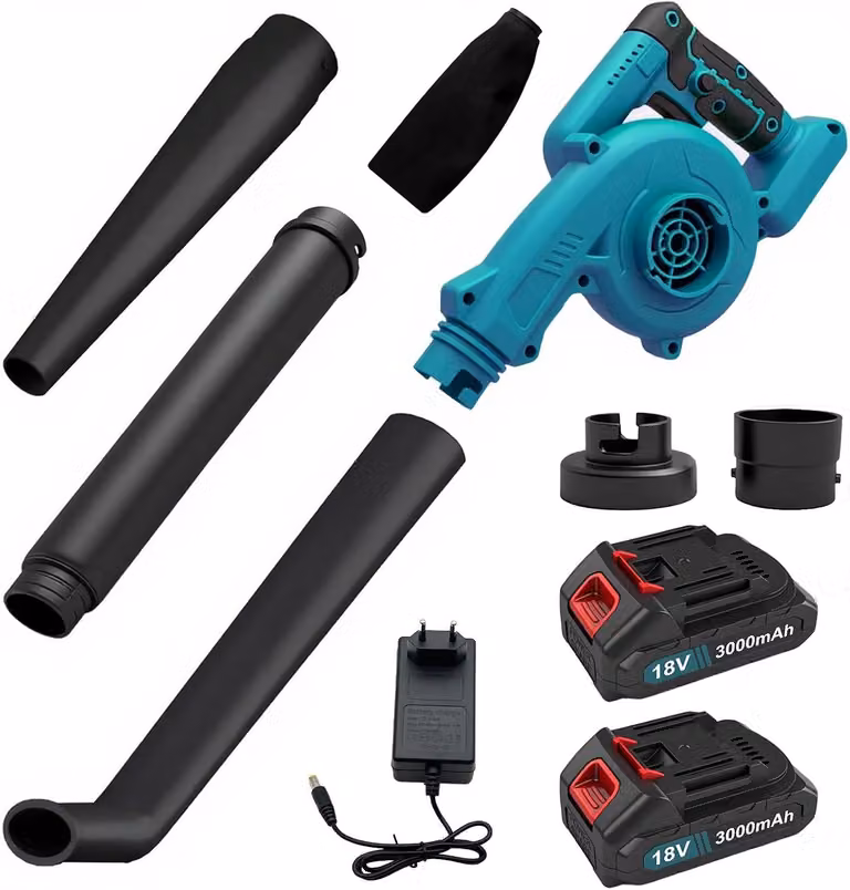 Soffiatore a batteria multifunzione 3-in-1, 500 W, velocità fino a 210 km/h, 16.000 giri/min, funzioni: soffiaggio, aspirazione e triturazione, 2 batterie da 18 V e 3000 mAh, caricabatterie rapido, design ergonomico e maneggevole