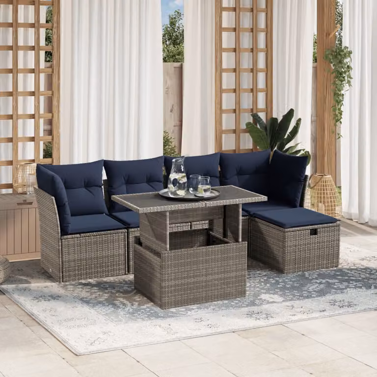 Set di divani da giardino vidaXL 6 pezzi in rattan con cuscini e tavolino da esterno, colore grigio e blu