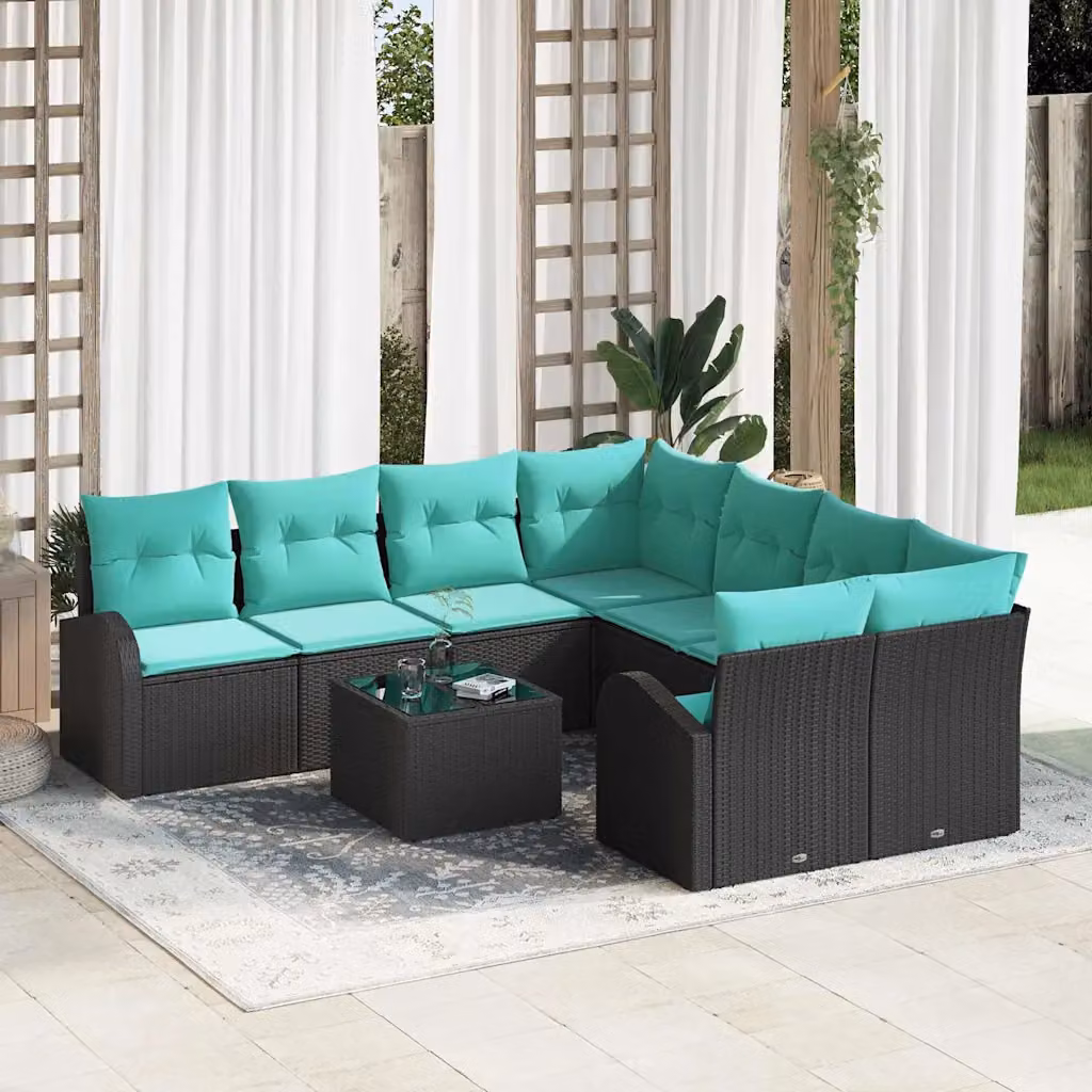 Set di divani da giardino vidaXL in polyrattan nero e turchese, composizione a L da 9 pezzi per 8 persone con tavolino da esterno e cuscini inclusi