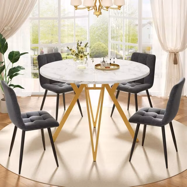 Tavolo da pranzo rotondo con 4 sedie, piano effetto marmo e gambe in metallo regolabili, per cucina, 100 × 100 × 76 cm