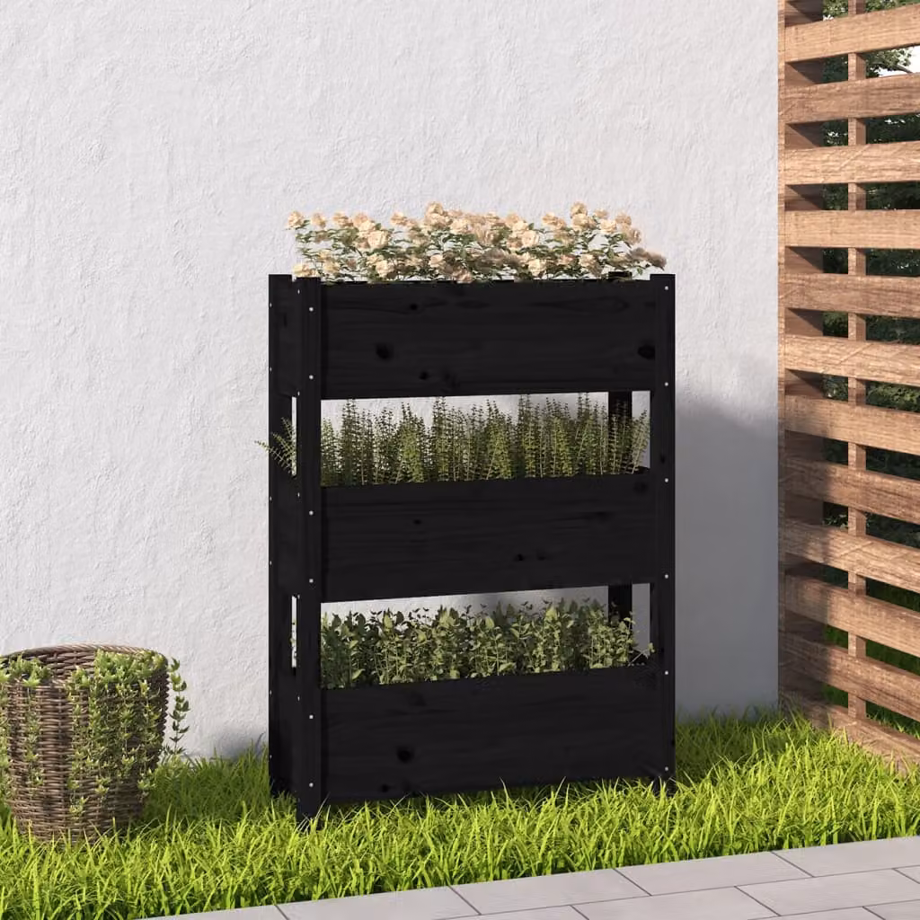 Fioriera vidaXL in legno massello di pino, colore nero, L: 77 cm, P: 25 cm, H: 104,5 cm