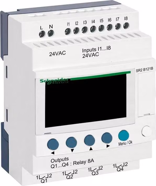 Relè di controllo PLC Schneider Electric, Zelio Logic, design compatto, 10 I/O, 24 VDC, display, orologio, uscite a relè SR2B121B
