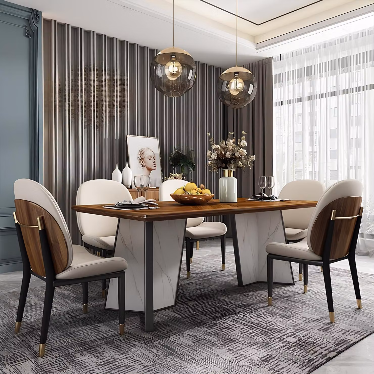 Tisch Esszimmer Garnitur Esstisch Stuhl Set 7tlg. Leder Edelstahl Lehn Stühle