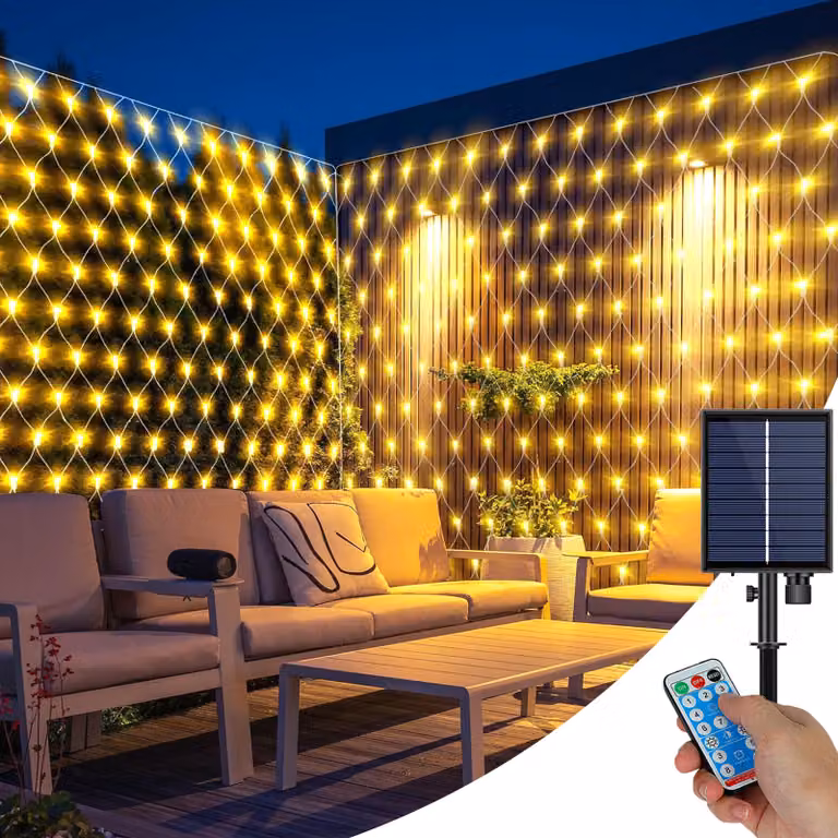 Solar Fairy Lights Outdoor Outdoor Led Light Net, 1.5x1.5M impermeabile luce tenda luce per partito giardino cespugli balcone decorazione, bianco caldo