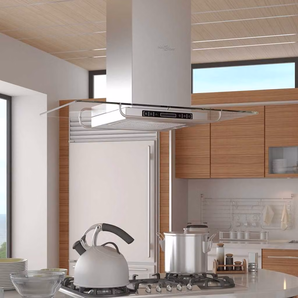 Cappa da cucina a isola vidaXL in acciaio inossidabile e vetro, colore silver, con display LCD e aspirazione a carboni attivi, L/P/H: 106 x 90 x 54 cm – 1