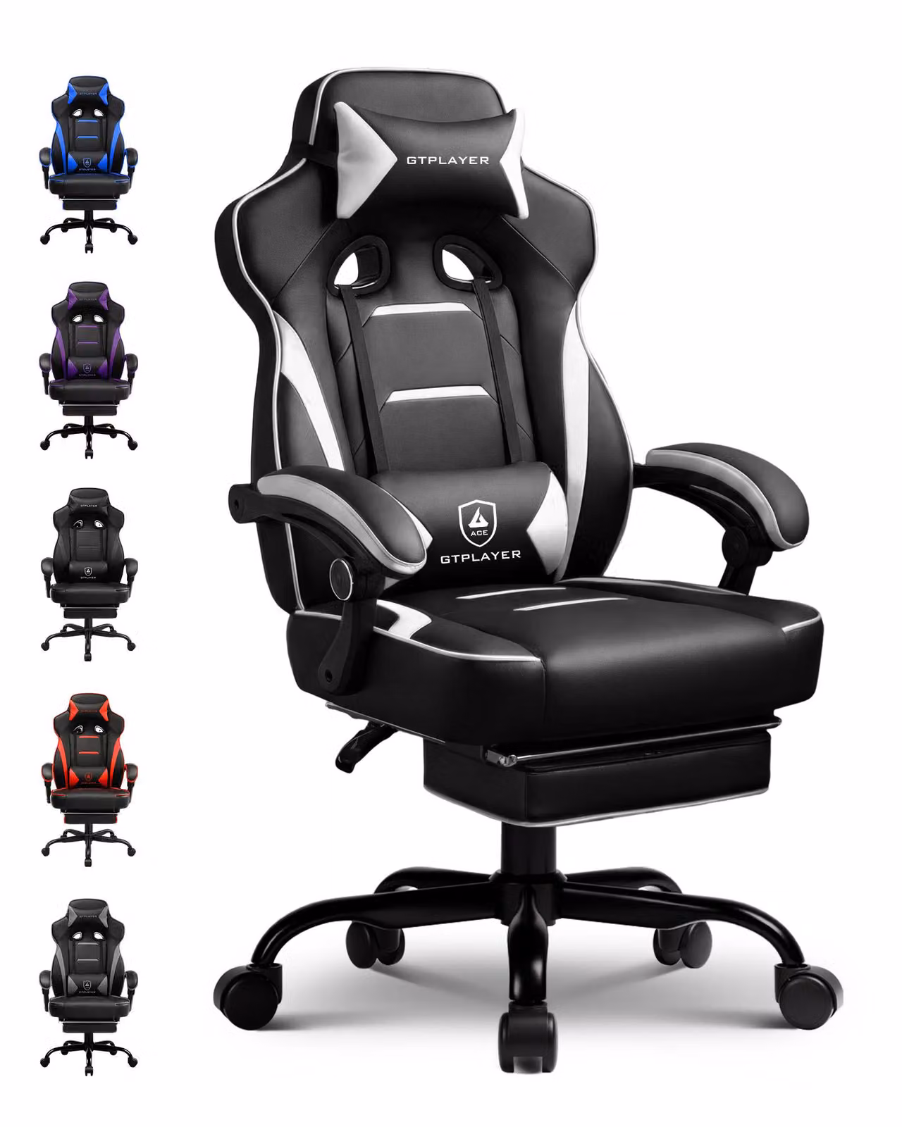 Sedia da gaming GTPLAYER con poggiapiedi, sedia da ufficio ergonomica con capacità di carico di 150 kg, poltrona da gaming con supporto lombare e poggiatesta, sedia da computer regolabile in altezza