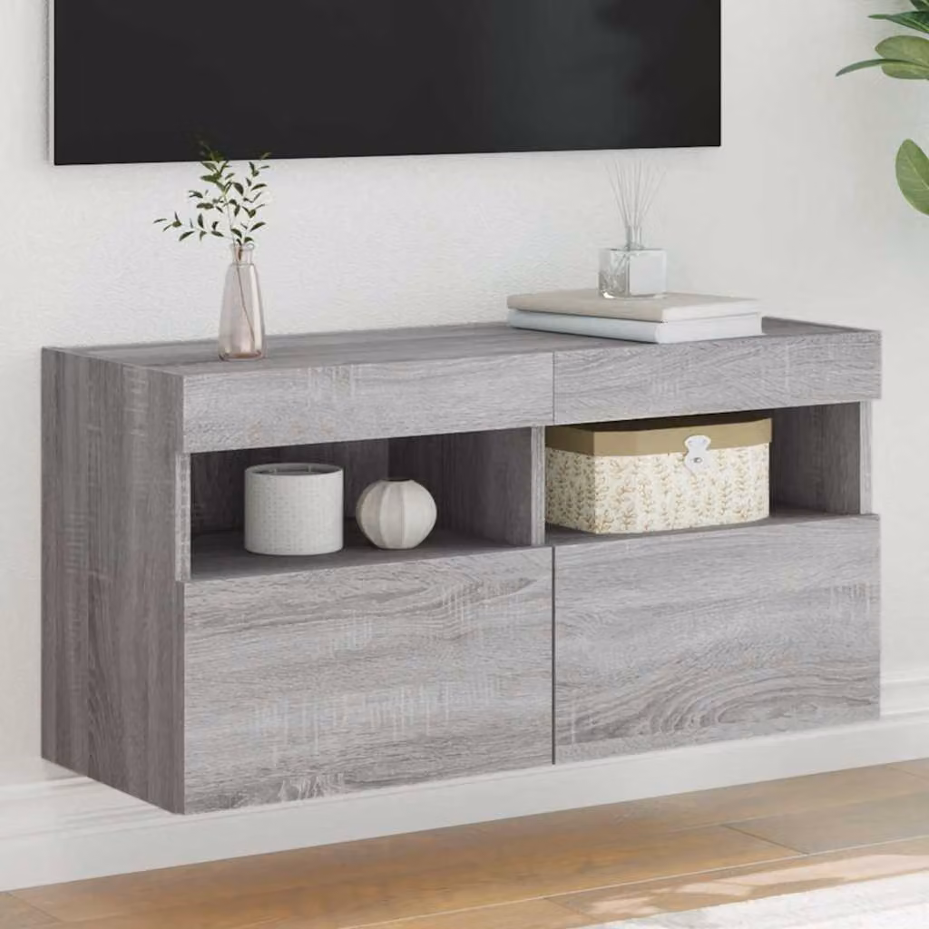 Mobile TV a parete vidaXL con luci LED integrate, Grigio, L 80 cm x P 30 cm x H 40 cm