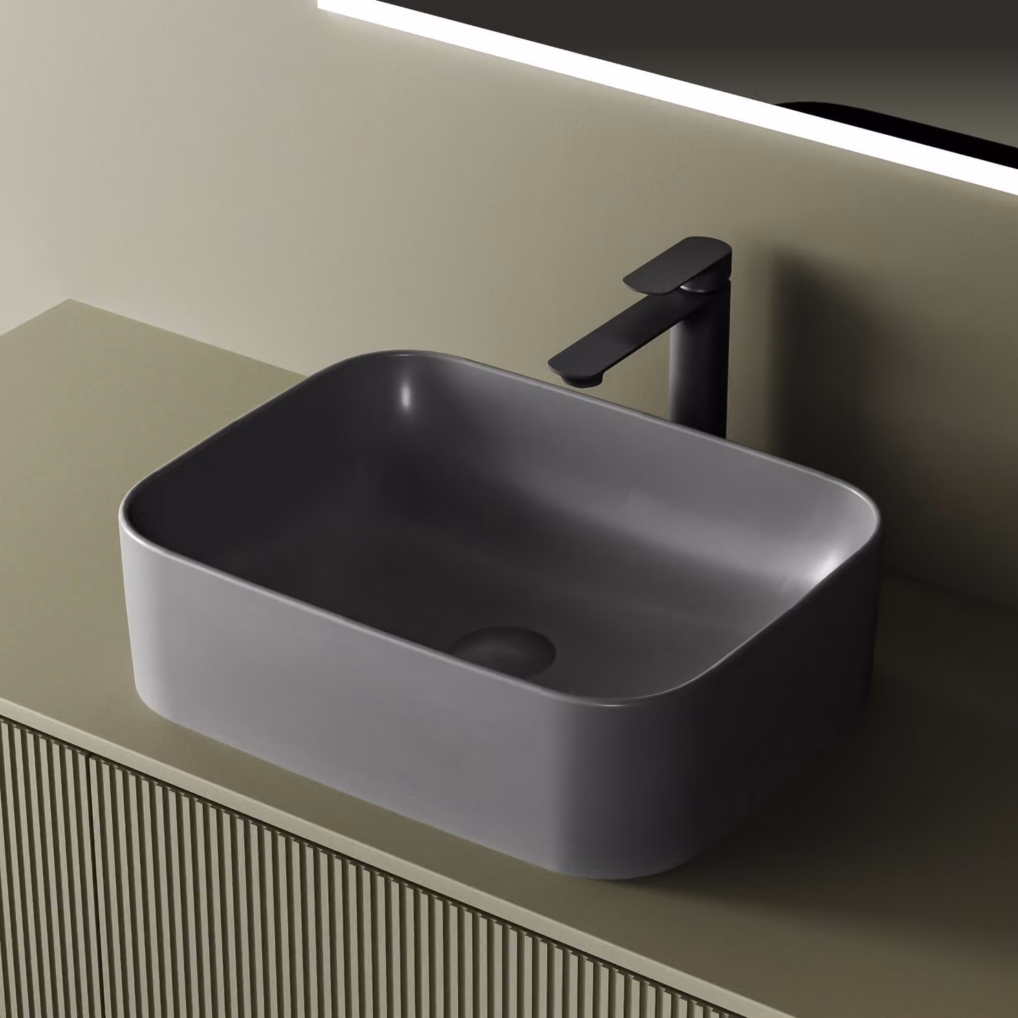 Lavabo da appoggio EMKE rettangolare 505 x 380 x 150 mm Grigio scuro opaco Lavabo in ceramica Senza foro per rubinetteria – Ideale per rubinetteria a parete e rubinetteria ad alzata