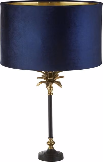 Lampada da scrivania Searchlight in metallo e velluto con base rotonda, disponibile in blu o nero con finiture oro o ottone, attacco E27