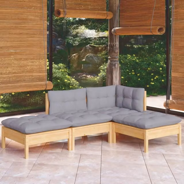 Set Divani da Giardino 4 pz con Cuscini Grigi Massello di Pino 3096285