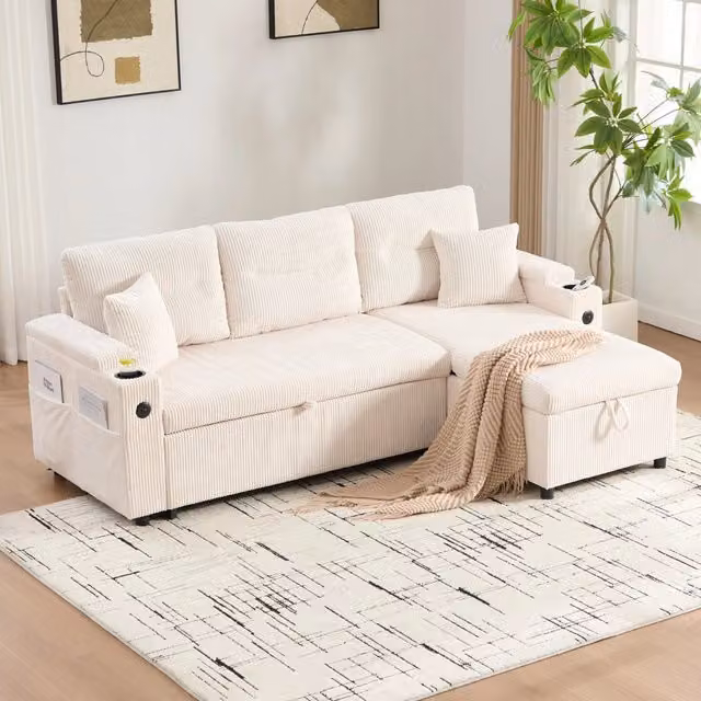Divano modulare convertibile con letto estraibile chaise longue idraulica porta usb tipo c e vano in velluto beige