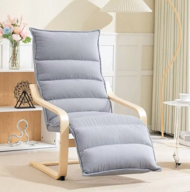 Poltrona a dondolo ULEVR in velluto grigio chiaro con poggiapiedi regolabile in 5 posizioni, 67x93-114x105 cm