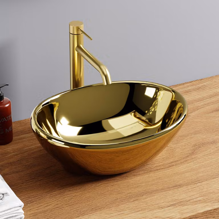 Lavabo ovale, finitura dorata lucida, dimensioni 41,5 x 33,5 x 14,5 cm