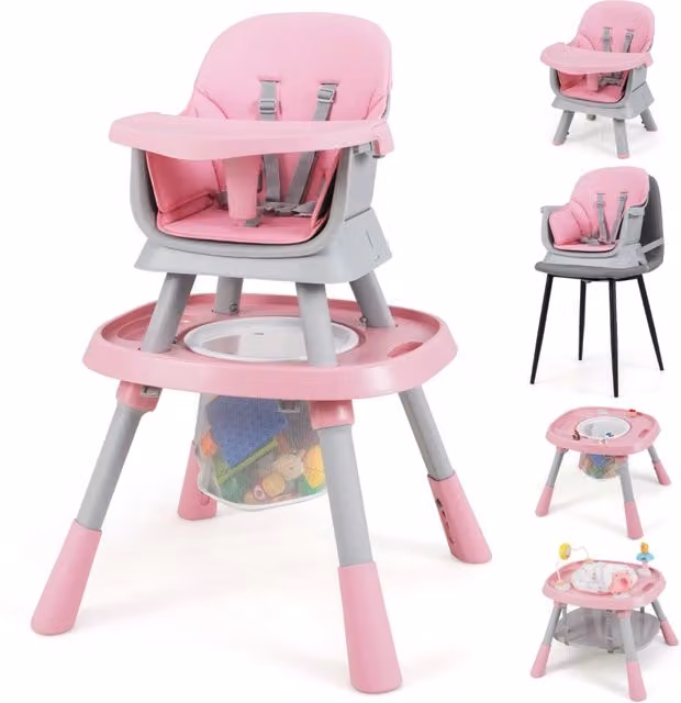 Seggiolone convertibile 16-in-1 Design Mania con vassoio rimovibile e cintura, set tavolo e sedia multifunzionale per bambini, Rosa e Grigio – 1