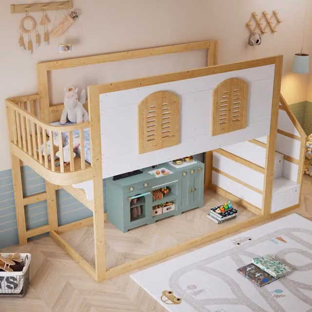 Letto a soppalco 90x200 cm, letto per bambini, con contenitore, design a finestra, pino + MDF, bianco + color legno naturale