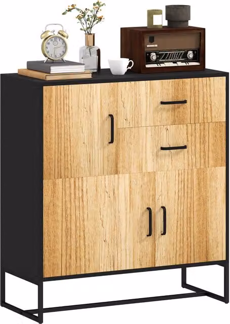 Mobile Credenza Portaoggetti Xylo Nero e Legno con 3 Ante e 2 Cassetti L: 80 cm, P: 35 cm, H: 85 cm – 1