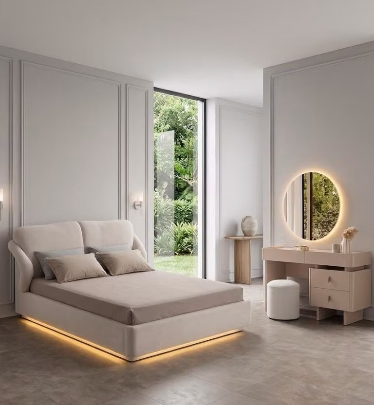 Set da camera da letto moderno: letto, comò elegante, sgabello rotondo, 3 pezzi