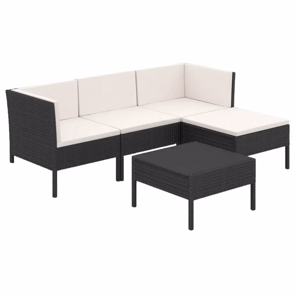 Set da giardino moderno vidaXL composto da 5 pezzi con divano ad angolo, pouf, tavolino da caffè e cuscini bianchi e neri con struttura in metallo e rattan – 2