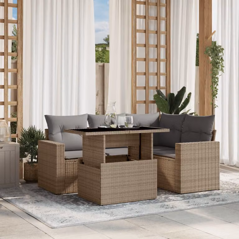vidaXL Set Divano da Giardino a L 5 pz con Cuscini Beige e Tavolino in Polyrattan e Acciaio