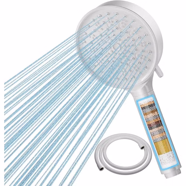 Doccia manuale con filtro a 20 strati, 6 tipi di getto, alta pressione, a risparmio idrico, colore bianco