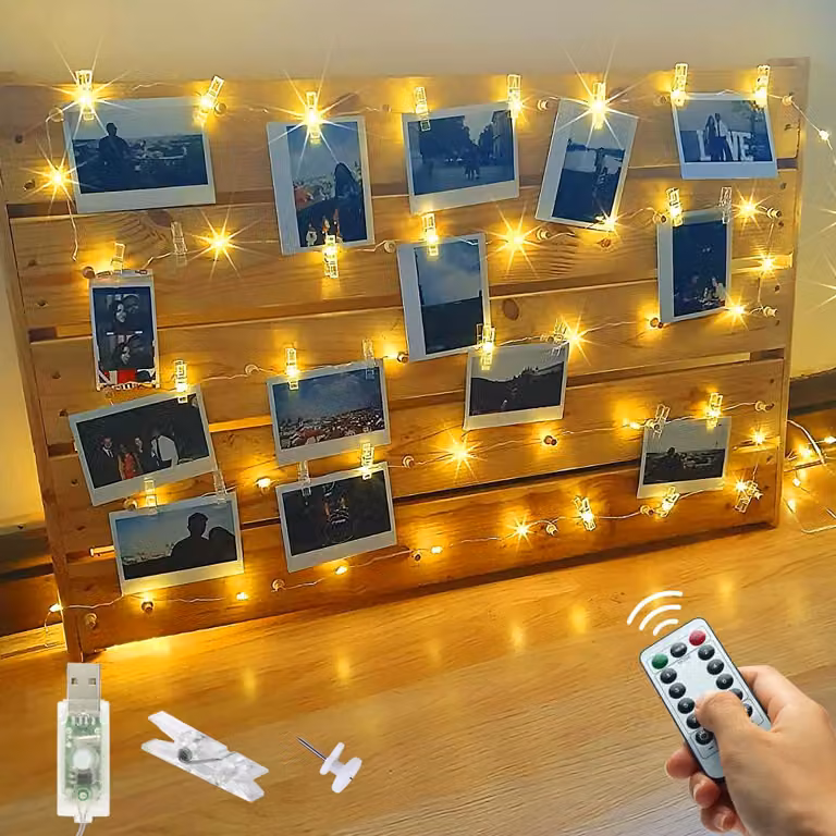 Catena luminosa a LED, 12 metri, 120 LED bianco caldo, alimentazione USB, telecomando, 60 clip