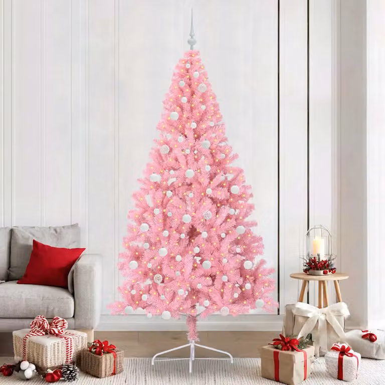 Albero di Natale artificiale vidaXL con luci LED bianco caldo, colore rosa, Altezza: 240 cm