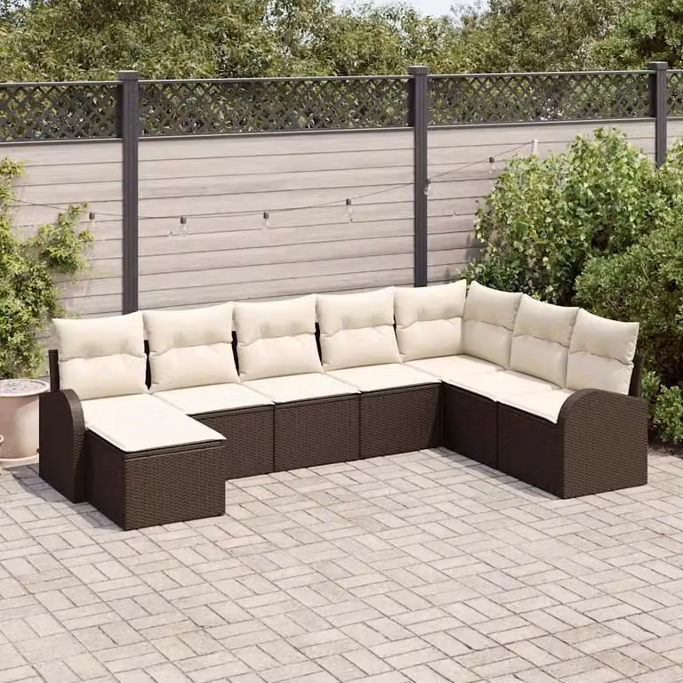 Set di divani da giardino vidaXL in rattan marrone e bianco con cuscini e struttura in acciaio rivestito in polvere