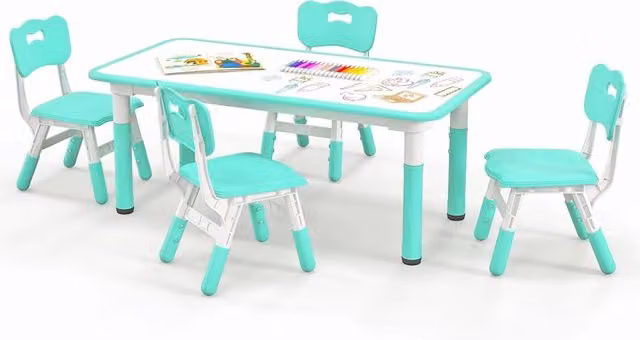 Costway Set Tavolo e 4 Sedie per Bambini Regolabile in Altezza con Piano Graffiti Verde – 1