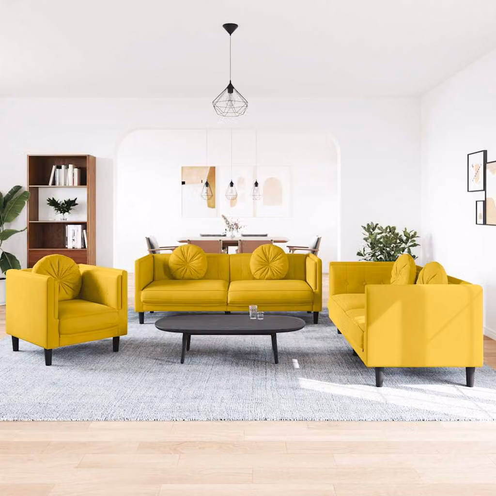 Set di divani 3 pezzi vidaXL in velluto giallo con cuscini e struttura in legno massiccio