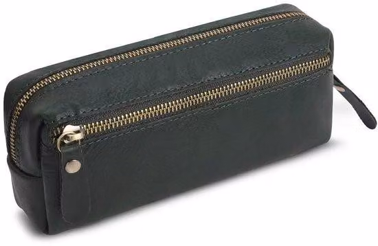 Astuccio in pelle verde con porta penne e cerniera per accessori da ufficio e da trucco