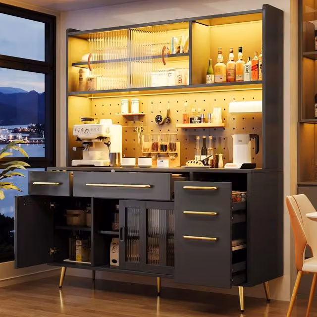 Credenza da cucina alta con ripiani LED, 2 cassetti, anta scorrevole e pannello forato, nera, 145 × 39 × 171 cm