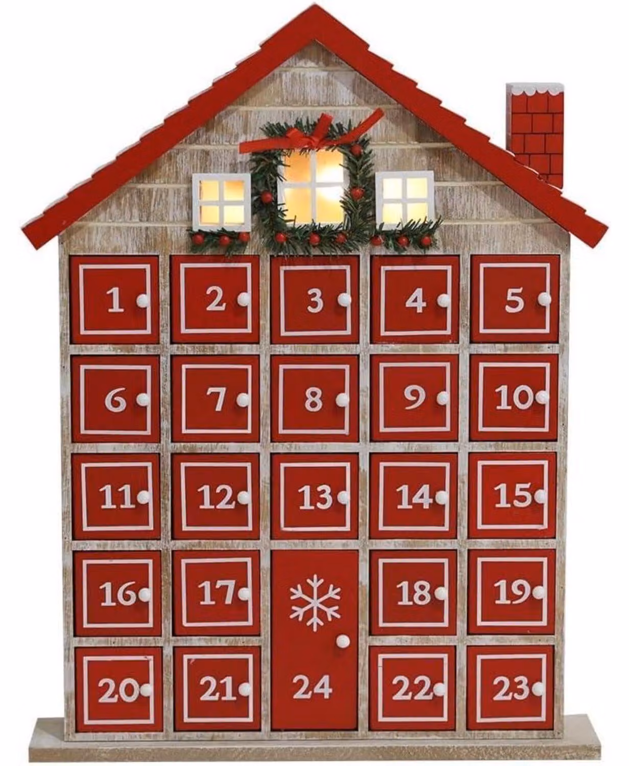 Calendario dell'Avvento in legno, rosso, a forma di casetta di Natale, con 24 cassetti e luci LED