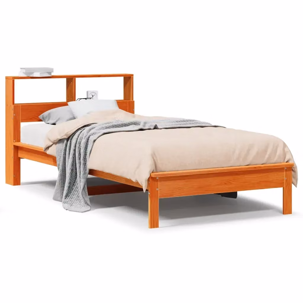 vidaXL Letto Libreria in Legno di Pino con Ripiani Laterali, Marrone Cera, 100x200 cm – 2