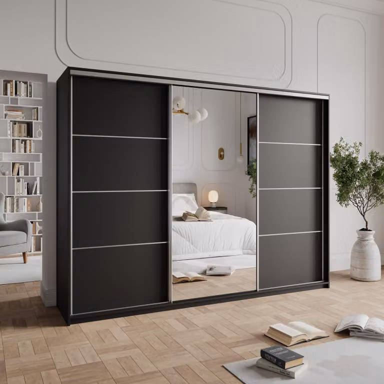 Armadio scorrevole Masseno VARO 250/205/60 cm Armadio con 4 cassetti Armadio per camera da letto a 3 ante con specchio Nero