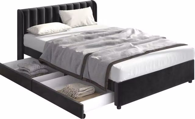 Letto con Cassetti 140x200 cm; Letto Matrimoniale - Testiera Alta e 2 Cassetti - Nero