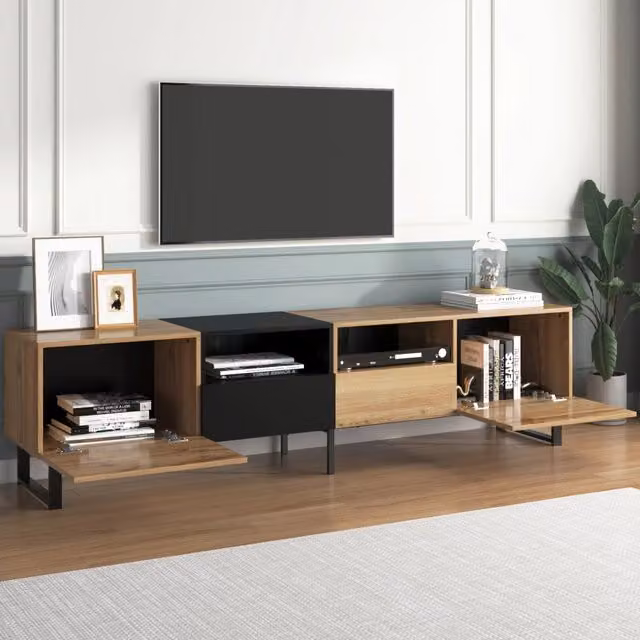 Mobile TV con due ante e due cassetti in MDF nero e legno naturale con bordi in PVC 190 × 38 × 48 cm