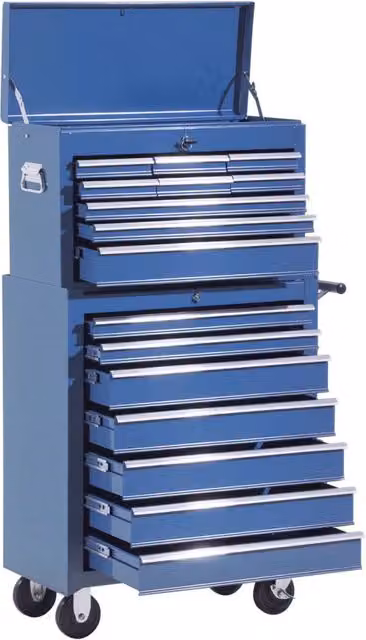 Carrello portautensili Xylo in acciaio blu con cassetta degli attrezzi, cassetti bloccabili e tappetini antiscivolo, L: 113 cm, P: 33 cm, H: 24 cm
