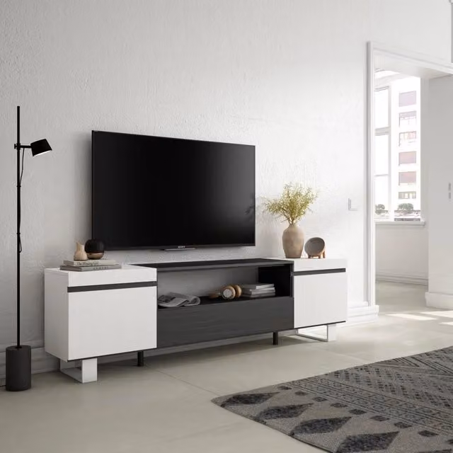 Mobile TV, 200x35x57cm, soggiorno, Per TV fino a 80", Design industriale, Bianco e nero RF2167
